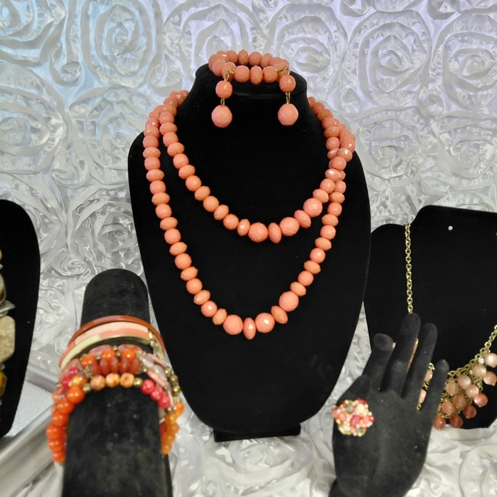 Coral Costume Jewelry Set - Necklaces, Earrings. Bracelets